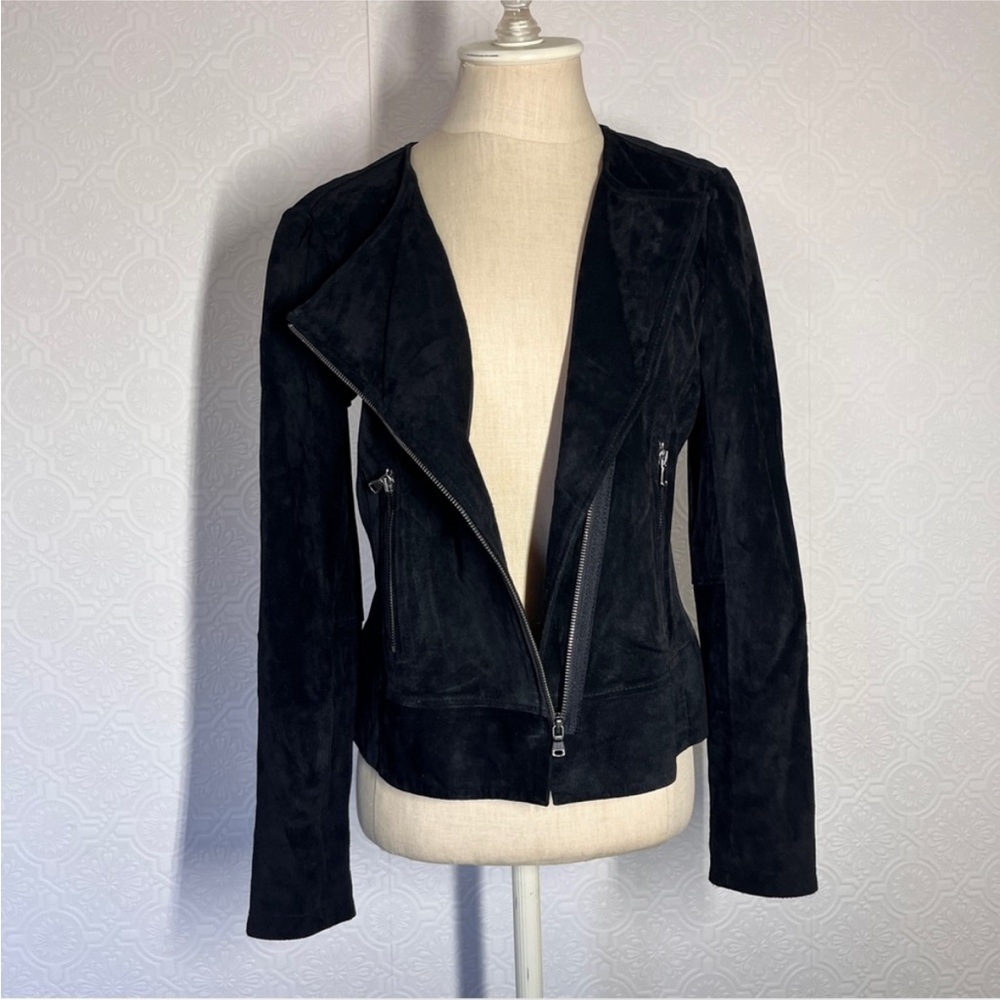 ecru Black Suede Asymmetrical Zip Moto Jacket